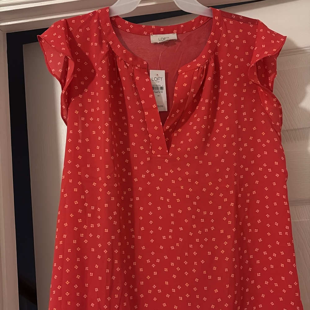 LOFT Vibrant Red Blouse with Geometric Print